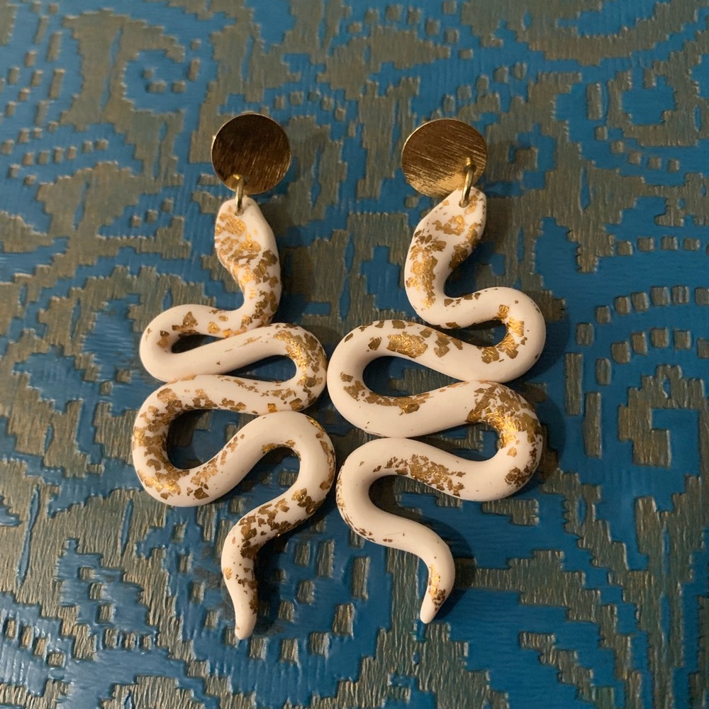 Polymer Clay Gold and White Snake Earrings